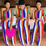 Striped Short Sleeve Crop Top Full Pants 2 Piece Sets ORY-5120