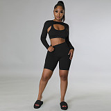 Sportswear Long Sleeve Crop Top 3 Piece Shorts Set TE-4456
