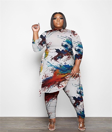 Side Split Long T-shirt and Pants Plus Size Tracksuit PINH-13292