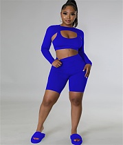 Sportswear Long Sleeve Crop Top 3 Piece Shorts Set TE-4456
