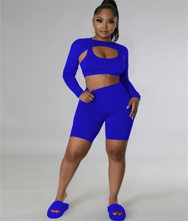 Sportswear Long Sleeve Crop Top 3 Piece Shorts Set TE-4456