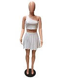 Skew Collar Sleeveless Crop Top Pleated Skirts Set QZX-6258