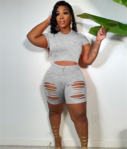 O Neck Short Sleeve Crop Top Hole Shorts Sets YNS-1820