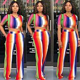 Striped Short Sleeve Crop Top Full Pants 2 Piece Sets ORY-5120