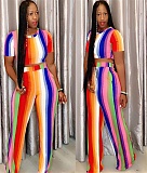 Striped Short Sleeve Crop Top Full Pants 2 Piece Sets ORY-5120