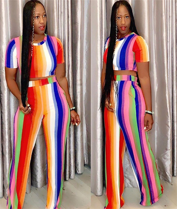 Striped Short Sleeve Crop Top Full Pants 2 Piece Sets ORY-5120
