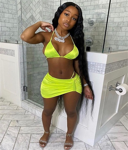 Summer Vacation 2021 Solid Color Halter Neck Beachwear Bra Tops+Bodycon Mini Skirts 2 Piece Bikini Set AL-200