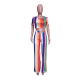 Striped Short Sleeve Crop Top Full Pants 2 Piece Sets ORY-5120