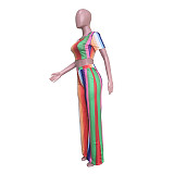 Striped Short Sleeve Crop Top Full Pants 2 Piece Sets ORY-5120