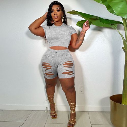 O Neck Short Sleeve Crop Top Hole Shorts Sets YNS-1820