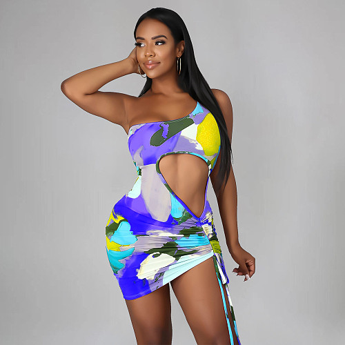 Tie Dye Print Drawstring Cut Out Sexy Dresses OY-6369