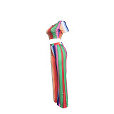 Striped Short Sleeve Crop Top Full Pants 2 Piece Sets ORY-5120