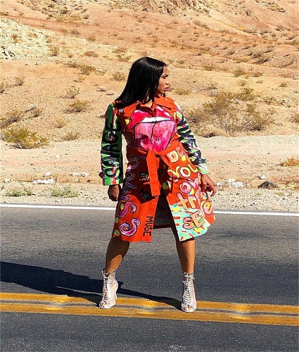 Print Long Sleeve Mid-length Trench Coat
