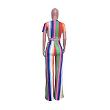 Striped Short Sleeve Crop Top Full Pants 2 Piece Sets ORY-5120