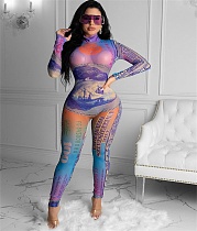 Streetwear Dollar Print Mesh Spliced Long Sleeve Slim Jumpsuit CHY-1287