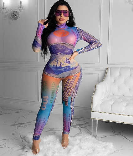Streetwear Dollar Print Mesh Spliced Long Sleeve Slim Jumpsuit CHY-1287