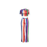 Striped Short Sleeve Crop Top Full Pants 2 Piece Sets ORY-5120