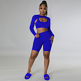 Sportswear Long Sleeve Crop Top 3 Piece Shorts Set TE-4456