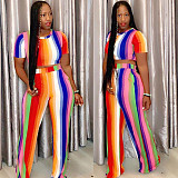 Striped Short Sleeve Crop Top Full Pants 2 Piece Sets ORY-5120
