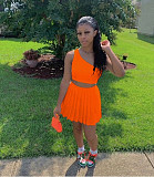 Skew Collar Sleeveless Crop Top Pleated Skirts Set QZX-6258