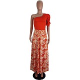 One Shoulder Crop Tops & Floral Printed Maxi Skirts Set LSL-6498