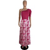 One Shoulder Crop Tops & Floral Printed Maxi Skirts Set LSL-6498