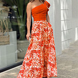 One Shoulder Crop Tops & Floral Printed Maxi Skirts Set LSL-6498