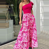 One Shoulder Crop Tops & Floral Printed Maxi Skirts Set LSL-6498