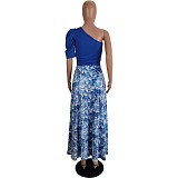 One Shoulder Crop Tops & Floral Printed Maxi Skirts Set LSL-6498