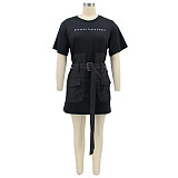 Short Sleeve Patchwork Denim Belt T-Shirts Dress HANI-087-1