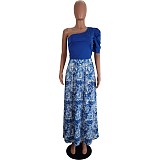 One Shoulder Crop Tops & Floral Printed Maxi Skirts Set LSL-6498