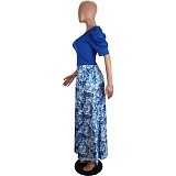 One Shoulder Crop Tops & Floral Printed Maxi Skirts Set LSL-6498