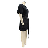 Short Sleeve Patchwork Denim Belt T-Shirts Dress HANI-087-1