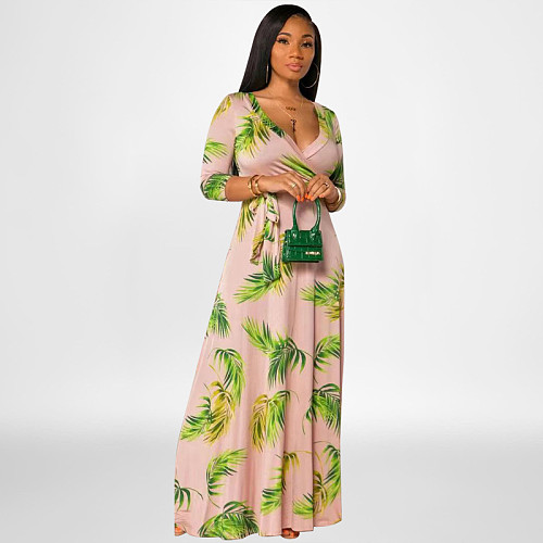 Long Sleeve Printed Elegant Lace Up Maxi Dresses OSS-22422