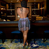 Hot Drilling Halter Backless Bodysuit Tassel Skirt Set BY-5871