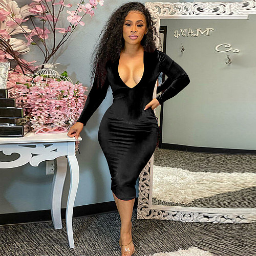 Velvet Elegant Long Sleeve V Neck Bodycon Dress YF-10186