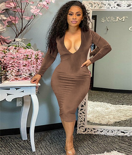 Velvet Elegant Long Sleeve V Neck Bodycon Dress YF-10186
