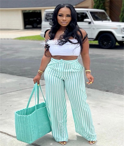 Elegant Straight High Waist Stripe Wide Leg Pants AIL-215