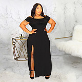 Slash Neck High Split Plus Size Black Dresses JLY-19392