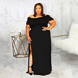 Slash Neck High Split Plus Size Black Dresses JLY-19392