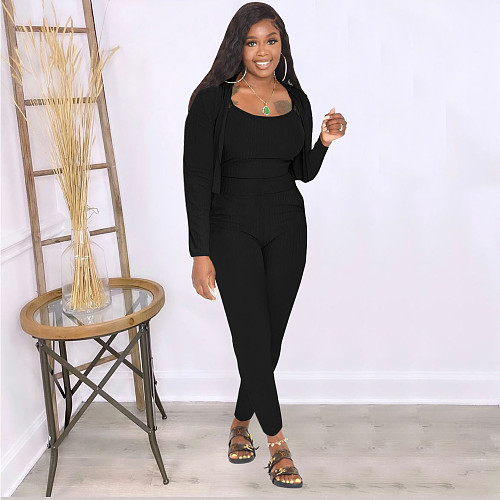 Knitted Long Sleeve Tank Crop Top Leggings 3 Piece Set FOS-8308