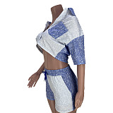 Color Block Patchwork Shirt Crop Tops And Shorts Sets MDF-5315