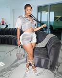 Color Block Patchwork Shirt Crop Tops And Shorts Sets MDF-5315