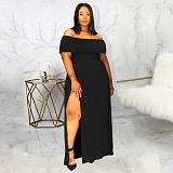 Slash Neck High Split Plus Size Black Dresses JLY-19392
