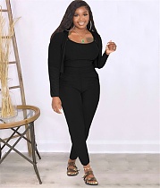 Knitted Long Sleeve Tank Crop Top Leggings 3 Piece Set FOS-8308