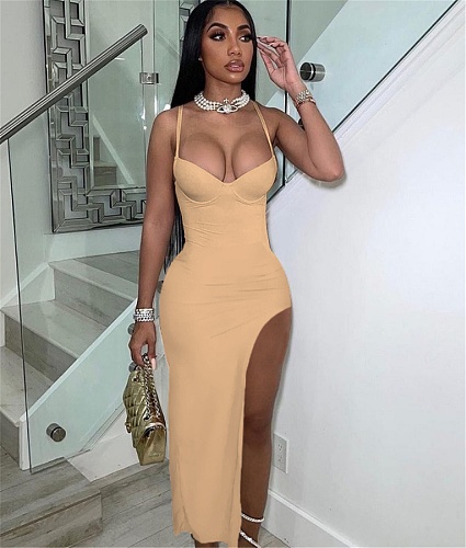 Low Cut Spaghetti Strap High Split Party Dresses YB-60134