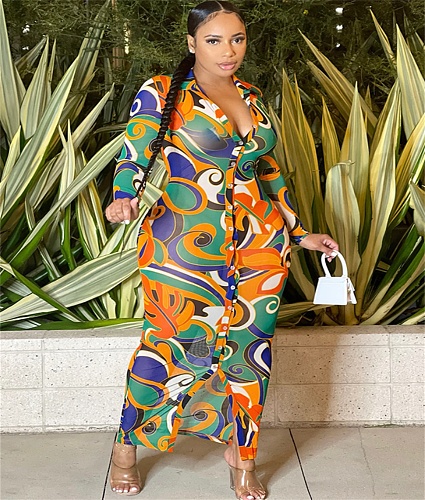 Mesh Print Turn-Down Collar Button Up Shirt Dresses BY-5838