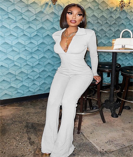 Solid Long Sleeve Front Zipper Skinny Flared Jumpsuit WSM-5328