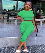 Short Sleeve Crop Top Ruched Calf-Length Pants Suit JLY-19402