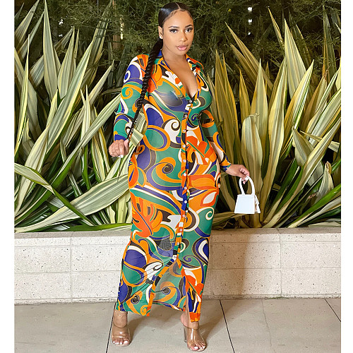 Mesh Print Turn-Down Collar Button Up Shirt Dresses BY-5838